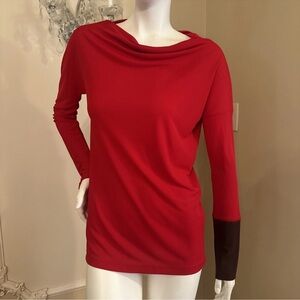 Gianfranco Ferré Red Long Sleeve Drape Neck Top with Brown Cuff size 40